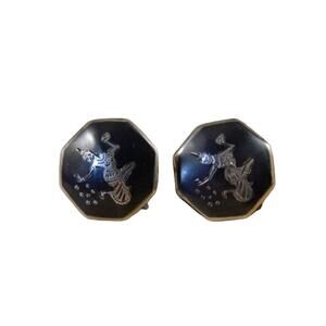 Vintage Siam Sterling Silver Screw Back Earrings Thailand Niello Dancer Earrings
